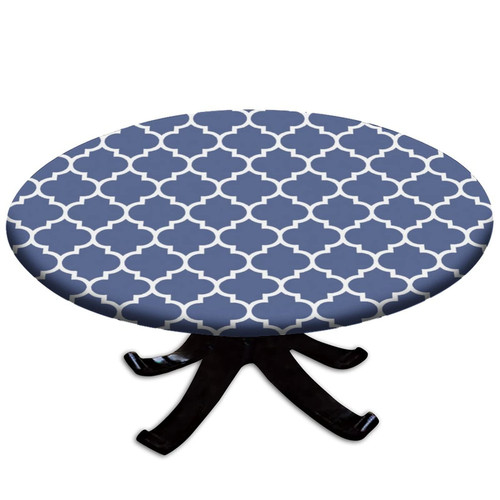 Boho Round Fitted Polyester Tablecloth, Boho Navy Blue Lattice Elastic Edge Decorative Table Cover, Dust & Wrinkle Proof Fabric Table Clothes, For Family Holiday Party Table Cloth, Fit for 28" Table