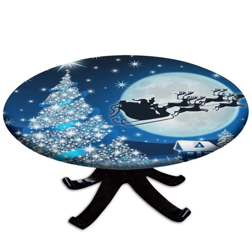 Christmas Round Fitted Tablecloth, Christmas Tree Santa Reindeer Elastic Edge Polyester Decorative Table Cover, Fits 28" Round Table, Dust & Oil Proof Washable Table Clothes For Holiday Party Decor