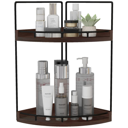 Dorhors 2-Tier Corner Bathroom Counter Organizer,Vanity Organizer,Counter Corner Shelf,Bathroom Storage and Organization,Skincare Organizers,Wood Countertop Organizer for Kitchen (Walnut)