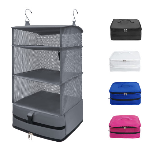 Twira Portable Hanging Travel Shelves Bags, Suitcase Organizer, Packing Cubes for Travel, Carry-On Closet Insert, Large Capacity Travel Bags Collapsible 4-Shelf Travel Closet with 2 Hooks(Grey)