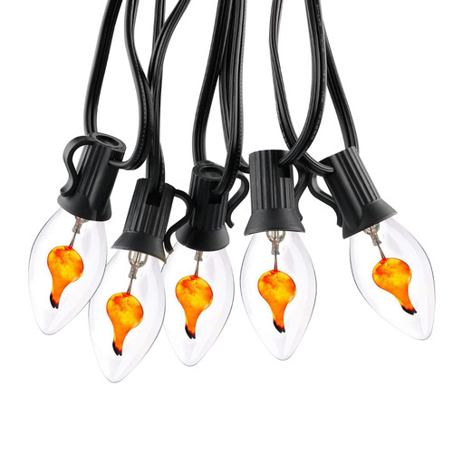 C7 Halloween Flicker Flame String Lights, 25Ft Outdoor Halloween Decoration Lights with C7 Clear Flicker Flame Bulbs, Hanging Patio String Lights for Halloween Christmas Party Garden Porch-Black Wire