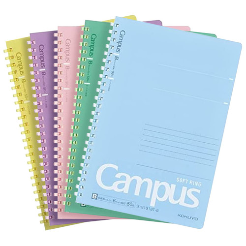 KOKUYO Campus Soft Ring Notebook, A5, B 6mm Dot Ruled, 29 Lines, 50 Sheets, Set of 5 Colors, Japan Import (SU-S131BT)