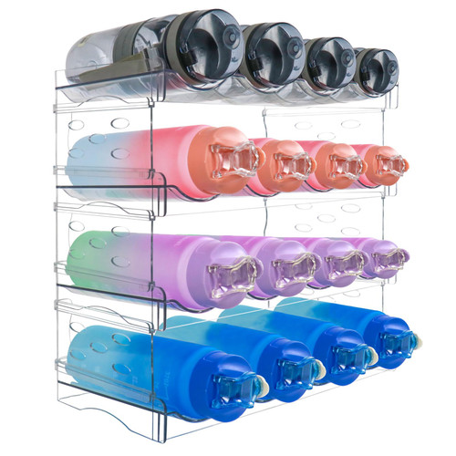 Water Bottle Organizer,4 Tier 16 Containers Water Bottle Organizer for Cabinet, Stackable Plastic Clear Water Bottle Cup Holder,Drink/Water Bottle Storage Rack for Kitchen Countertop, Cabinet, Freezer