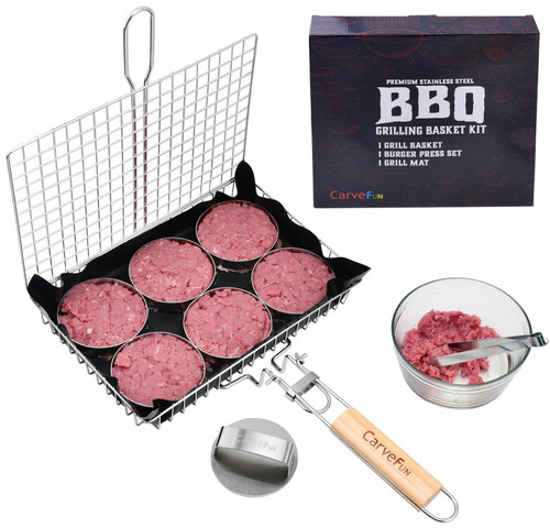 Carvefun Grill Basket Stainless Steel BBQ Grilling Basket With Burger Press Set.Grill Basket for Fish,Vegetables BBQ Camping Accessories Outdoor Grilling Gifts for Men Dad Folding Grill Basket with Removable Handle