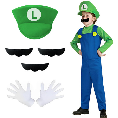 BHAVIK Super Brothers Plumber Costume for Kids Halloween Cosplay Jumpsuit with Accessory for Boys Girls -M