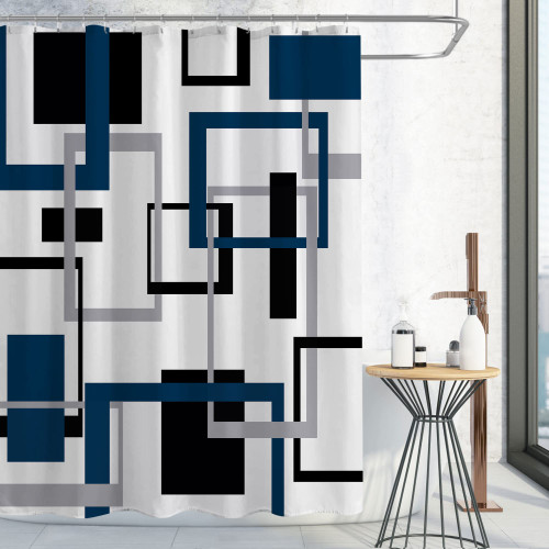 Gibelle Navy Blue Shower Curtain, Mid Century Modern Geometric Shower Curtain Set, Abstract Navy Black Grey Square White Backdrop Waterproof Fabric Shower Curtain for Bathroom Decor, 72 x 72