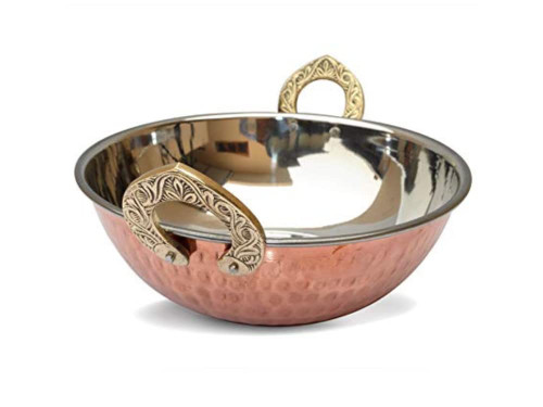 Castel Royale Indian Copper Serveware Karahi Vegetable Dinner Bowl with Handle for Indian Food, Diameter 5 Inches Approx (2) Castel Royale Indian Copper Serveware Karahi Vegetable Dinner Bowl with Handle for Indian Food, Diameter 5 Inches Approx (2)