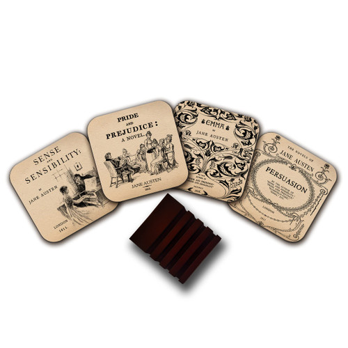 4 Coasters with Most Popular Novels by Jane Austen. Pride and Prejudice, Emma, Sense and Sensibility and Persuasion. 4 Coasters with Wooden Stand. (Aged Paper) 4 Coasters with Most Popular Novels by Jane Austen. Pride and Prejudice, Emma, Sense and Sensibility and Persuasion. 4 Coasters with Wooden Stand. (Aged Paper)