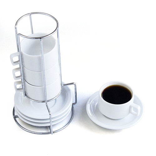 HIC 9-Piece Stackable Espresso Coffee Set, Fine White Porcelain, 4 (4-Ounce) Cups with Matching Saucers and Metal Stand, Gift Boxed