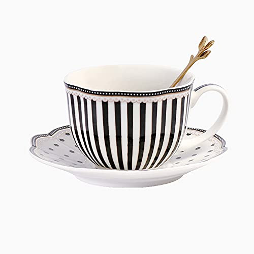 Zodensot Tea Coffee Cups Set, 200ml Dot Striped Bone China European Style Gold Rimmed Coffee Cup and Saucer Set Ins Photo Afternoon Tea (Black Striped)