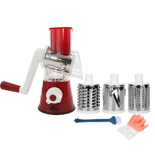 Rotary Manual Cheese Grater- Kitchen Round Mandoline Vegetable Slicer with 3 Interchangeable Blades, Grater Slicer for Fruit, Vegetables, Cheese Shredder with Cleaning Brush, Gloves(RED) Rotary Manual Cheese Grater- Kitchen Round Mandoline Vegetable Slicer with 3 Interchangeable Blades, Grater Slicer for Fruit, Vegetables, Cheese Shredder with Cleaning Brush, Gloves(RED)