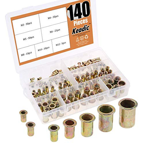 Keadic 140Pcs Rivet Nut Metric Zinc Plated Carbon Steel Flat Head Threaded Insert Nutsert Assortment Kit - 6 sizes?M3 M4 M5 M6 M8 M10