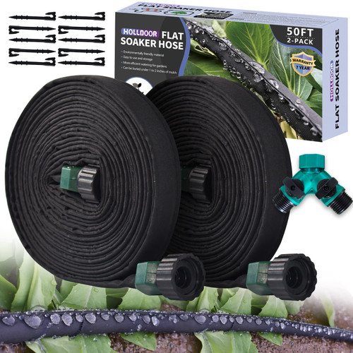 2-Pack Flat Soaker Hose 50 Ft for Garden Beds with Garden Hose Splitter, Garden Soaker Hose 100 Ft for Saving 70% Water, Drip Hose for Garden, Vegetable Beds (50ft 2pack)