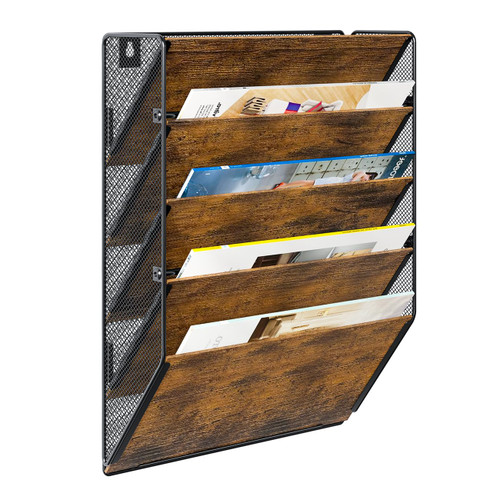 PAG Wall File Organizer for Office, 5-Tier Rustic Hanging File holder Wall Storage Rack for Documents/Magazine/Literature/File Folders/Mails/Envelopes, Brown