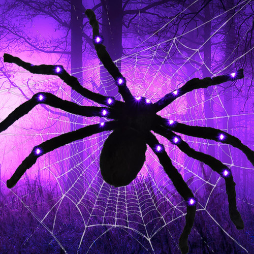 5Ft Giant Light Up Black Hairy Spiders with 26 Purple LEDs, Realistic Halloween Spider Decorations, Scary Fake Spiders for Halloween Party Decoration