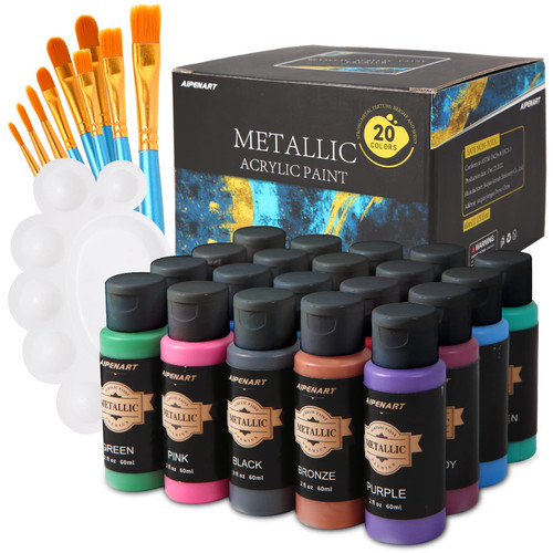 AIPENART Metallic Acrylic Paint Set with 10 Brushes and 1 Palette 20 Colors (60ml,2oz) Non Toxic Art Craft Paints for Adults, Artists, Students, Kids Beginners on Rocks Canvas Wood,Fabric alike