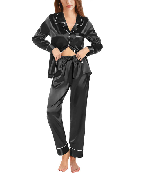 WJing Yi Jia Womens Pajama Set Silk Satin Pajamas Long 2pc Pjs Button Down Sleepwear Pj Set Loungewear Black