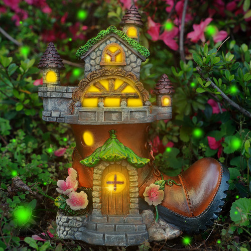 FORUP 10 Inch Fairy House Garden Statues with Boots, Fairy Garden Decor House Kit, Solar Powered Lights Garden Figurine for Outdoor Patio Lawn Yard Garden Decorations FORUP 10 Inch Fairy House Garden Statues with Boots, Fairy Garden Decor House Kit, Solar Powered Lights Garden Figurine for Outdoor Patio Lawn Yard Garden Decorations
