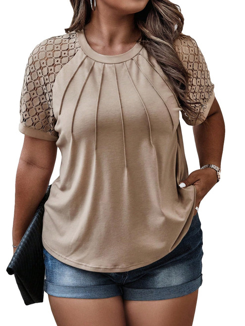 SOLY HUX Women's Plus Size Contrast Lace Short Sleeve Tee Round Neck Summer T Shirt Tops Plain Khaki 3XL