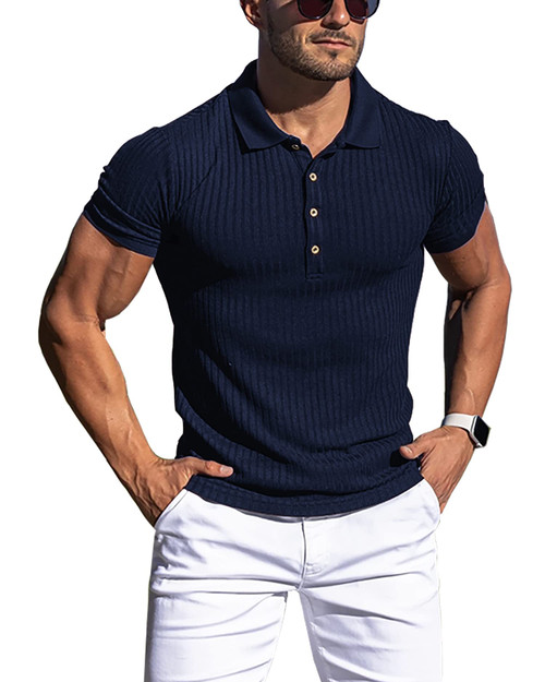 URRU Men's Muscle T Shirts Stretch Short Sleeve Workout Tee Casual Slim Fit Polo Shirt Navy Blue L URRU Men's Muscle T Shirts Stretch Short Sleeve Workout Tee Casual Slim Fit Polo Shirt Navy Blue L