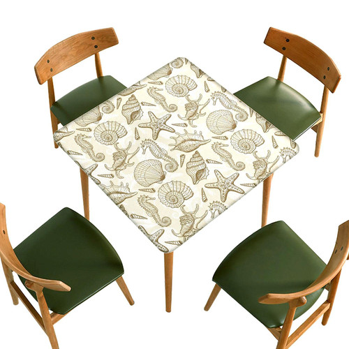 SongYi Ocean Fitted Tablecloth Square, Shell & Seahorse Elastic Edge Home Decor Tablecloths, Wipeable Washable Polyester Fabric Table Cover for Indoor Garden Patio Children Party, Fits 36x36 inch