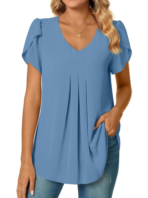 Bestbee Womens Dressy Chiffon Blouses Shirts V Neck Short Sleeve Tunic Tops Summer Casual T-Shirts with Pleated Strech, XL, Blue