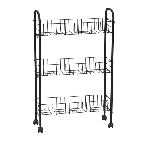 Household Essentials Matte Black Slim, 3 Shelf Storage Cart with Wheels