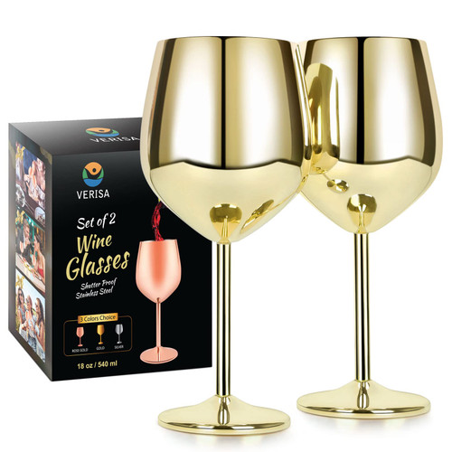 VERISA Stainless steel stemmed wine glasses,18oz Unbreakable Steel Wine glass, Shatterproof Metal wine Goblets for Outdoor, Picnic,Party, Gift Box Red wine 2 wine glasses (GOLD)