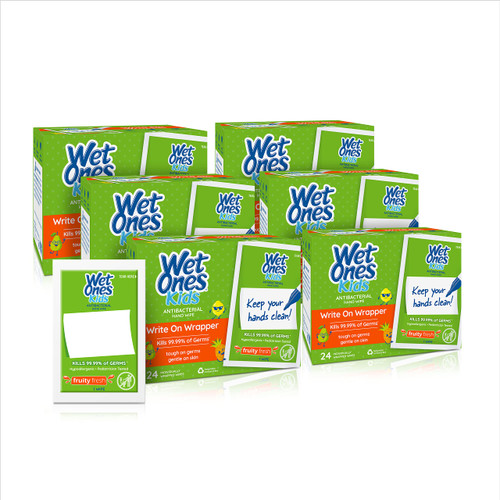 Wet Ones Antibacterial Hand Wipes for Kids with Write On Wrapper | Travel Wipes, Hand Wipes Individually Wrapped | Wet Ones Wipes, Fruity Fresh Scent, 24ct (Pack of 6)
