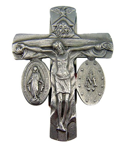 Pewter Catholic Religious Trinity Cross with Miraculous Medal Auto Visor Clip Accessories, 2 1/2 Inch