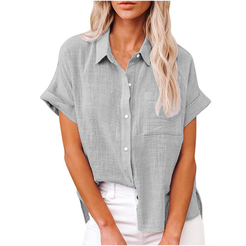 SMIDOW Womens Button Down Cotton Linen Shirts V Neck Roll Up Short|Long Sleeve Blouses Loose Collared Shirt Casual Work Tops