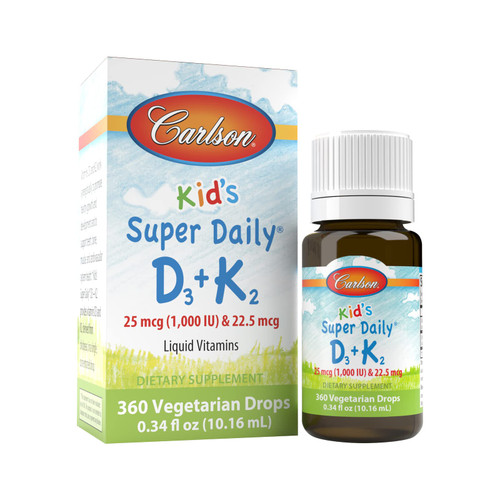 Carlson - Kid's Super Daily D3+K2, 25 mcg (1,000 IU) D3 & 22.5 mcg K2, Vitamin D Drops with Vitamin K2, Liquid Vitamins, 1000 IU Vitamin D3, Heart & Bone Health, 1-Year Supply, Unflavored, 360 Drops Carlson - Kid's Super Daily D3+K2, 25 mcg (1,000 IU) D3 & 22.5 mcg K2, Vitamin D Drops with Vitamin K2, Liquid Vitamins, 1000 IU Vitamin D3, Heart & Bone Health, 1-Year Supply, Unflavored, 360 Drops