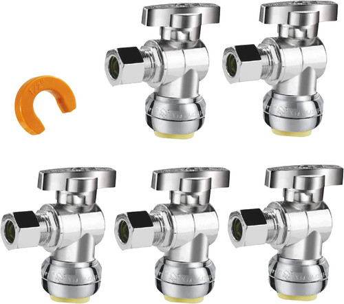 WiseWater 1/4 Turn Push Fit Angle Stop Valve, 3/8" O.D x 1/2" Push Shut Off Water Valve with Disconnect Clip, Push to Connect Brass Plumbing Fitting for Copper, PEX, CPVC, PE-RT Pipes (Pack of 5)