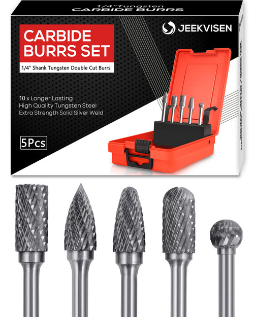 JEEKVISEN Tungsten Carbide Burr Set Die Grinder Bits 1/4" Shank 5Pcs - Double Cut Rotary Burr for Metal Deburring, Finishing, Carving, Grinding, Polishing, Engraving, Drilling