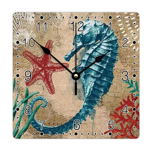 godblessign Sea Life Seahorse Wall Clock Beach Square Clocks Sea Turtle Wisdom 10 Inch Large Wall Clocks Battery Operated Silent Rustic Cabin Wall Home Decor Living Room Bedroom Office Decor