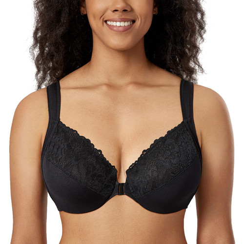 DELIMIRA Women's Front Closure Bras Plus Size Lace Full Coverage Underwire Unlined Bra Black 42D