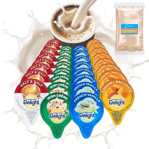 Coffee Creamer Singles Variety Pack Packaged by Doomi, Plus Doomi Wooden Stirrers, International Delight Creamer Singles Set, Delight Mini Coffee Creamer Assortment (96 Pack) Coffee Creamer Singles for Home, Office, Coffee, Bar, Gift