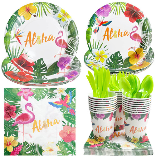 CIEOVO Hawaiian Flamingo Party Tableware Set for 24 Guests Including Plates, Napkins, Cups, Knife, Fork and Spoon for Tropical Luau Hawaiian Birthday Baby Shower Wedding Party Supplies Decorations