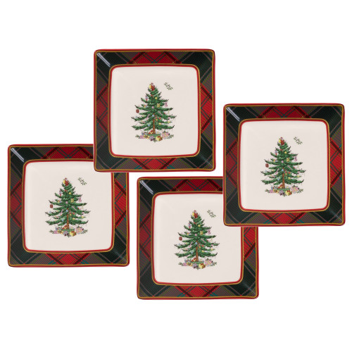 Spode Christmas Tree Tartan Square Tidbit Plates | Set of 4 | Christmas Appetizer Plates with Tartan Border | Square Plates - Dishwasher Safe | Earthenware Dishes | 5-inches