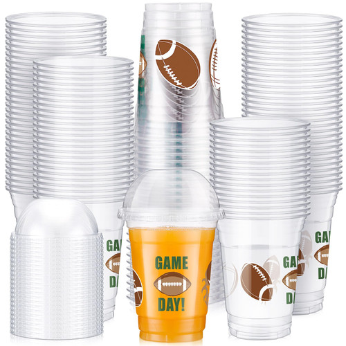 Dandat 50 Sets Football Plastic Cups with Dome Lids 16oz Football Clear Cups Disposable Bulk for Football Sport Party Supplies Favor Classroom Drinking Birthday Party Decoration