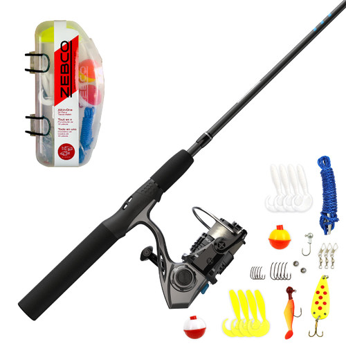 Zebco Ready Tackle Spinning Reel and Fishing Rod Combo, 5-Foot 6-Inch Fishing Pole, Size 20 Reel, Left-Hand Retrieve, Pre-Spooled with 8-Pound Zebco Line, Includes a 30-Piece Tackle Kit, Black