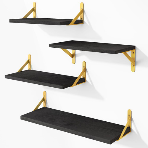 YGEOMER Floating Shelves, Rustic Wood Shelves, 4 Sets of Wall Mounted Shelf for Bathroom Decor, Bedroom, Living Room and Plants (Black & Gold) YGEOMER Floating Shelves, Rustic Wood Shelves, 4 Sets of Wall Mounted Shelf for Bathroom Decor, Bedroom, Living Room and Plants (Black & Gold)