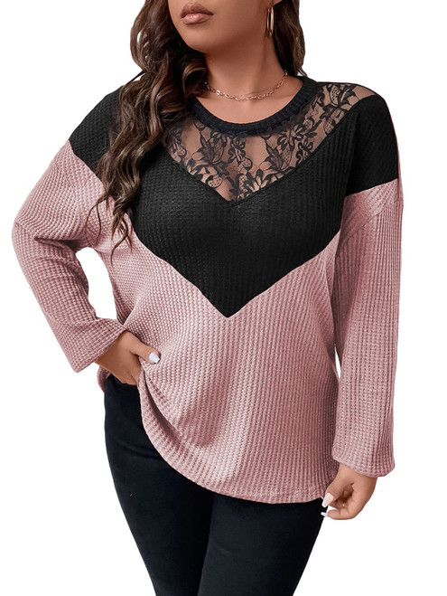 SOLY HUX Women's Plus Size Contrast Lace Color Block Long Sleeve T Shirts Casual Tee Tops Dusty Pink Colorblock 3XL
