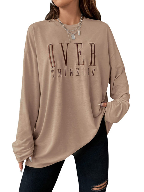 SOLY HUX Women's Letter Embroidery Tees Long Sleeve Round Neck Oversized T Shirts Tops Brown L SOLY HUX Women's Letter Embroidery Tees Long Sleeve Round Neck Oversized T Shirts Tops Brown L