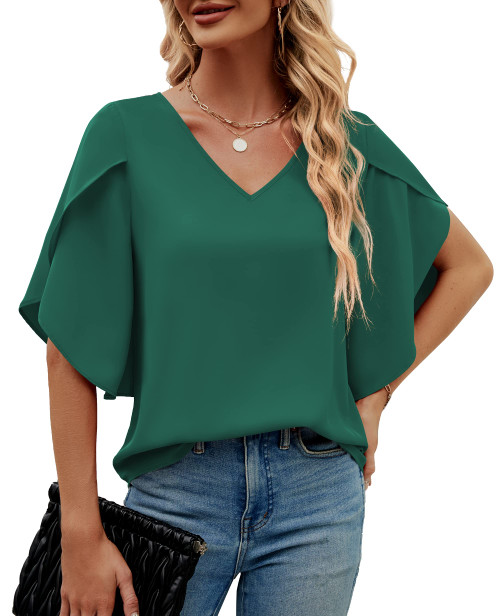 Funlingo Women's 3/4 Sleeve V Neck Tops Summer Chiffon Loose Blouses Casual Dressy Flowy Shirts Dark Green 2XL
