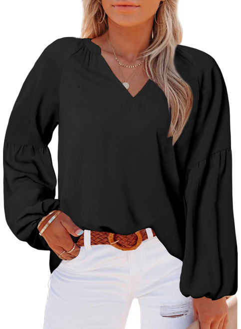 Eytino Women Plus Size Fall Tops V Neck Long Sleeve Boho Chiffon Blouse Shirts,3X Solid Black