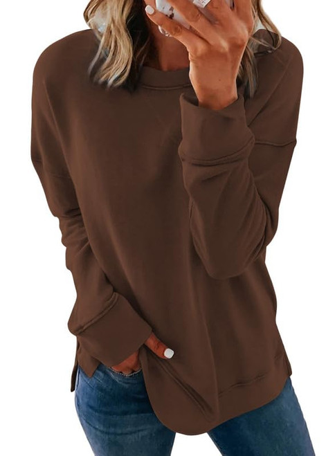 Dokotoo Womens Ladies Casual Long Sleeve Crewneck Sweatshirt Side Split Loose Fit Solid Color Basic Pullover Tunic T Shirts Tops Sweatshirts for Women 2023 Fashion Fall Brown Large