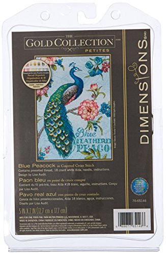 Wilton Dimensions 18 Count Gold Petite Blue Peacock Counted Cross Stitch Kit, 5" by 7"