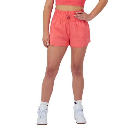 Champion Woven, Moisture Wicking, Lightweight Gym Shorts for Women, 2.5", High Tide Coral C-Patch Logo