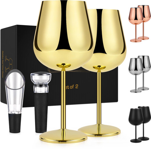 LiqCool Gold Wine Glasses, Stainless Steel Wine Glass, 21 Oz Metal Wine Glass with Decanter & Stopper, Unbreakable Stemmed Wine Glasses Set of 2 for Wedding Anniversary Party Pool (Gold)